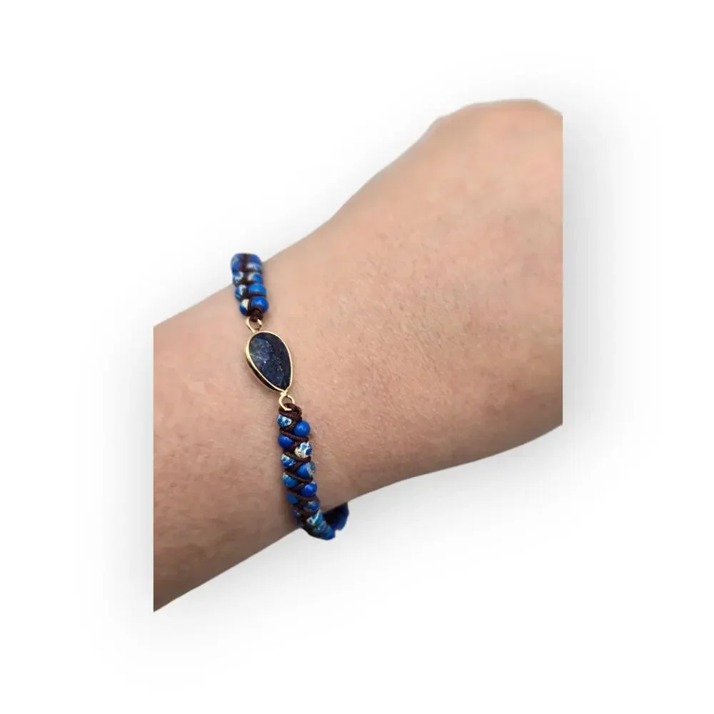 Boho Lapis Blue Beaded Macrame Bracelet – Adjustable Pull Tie Gold Tone Accent